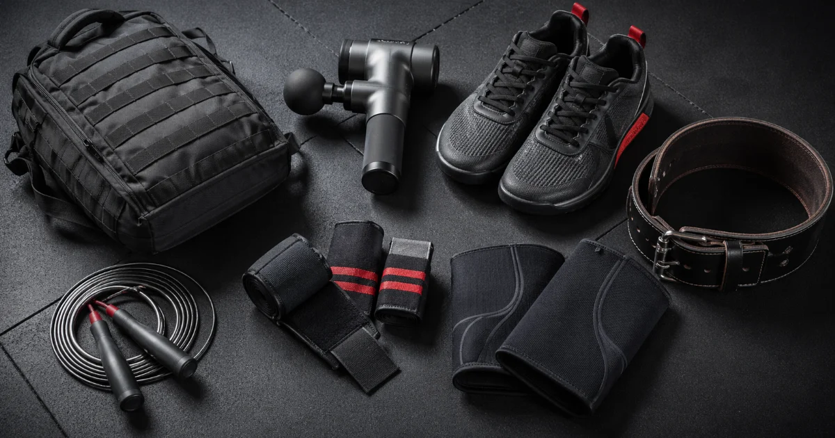 Accesorios esenciales de CrossFit sobre suelo de gimnasio: comba, muñequeras, cinturón, rodilleras, zapatillas y mochila